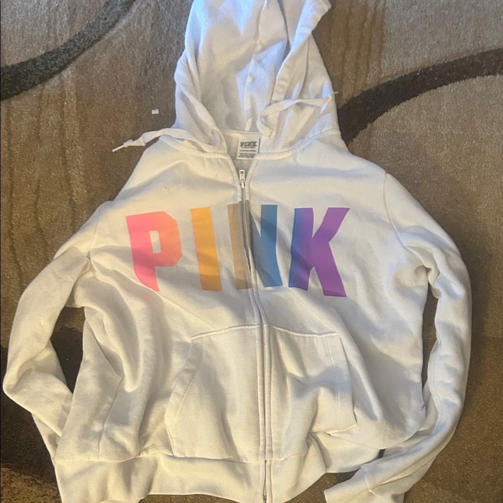 PINK Victoria's Secret White Zip Hoodie with Multicolor PINK Logo